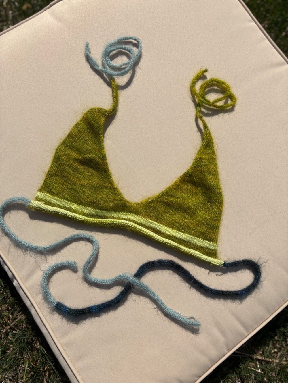 Handknit Triangle Bralette in Sap Green & Lime with Blue Ties